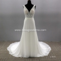 Modern Watteau Train Lace V Neck Illusion Backless Sleeveless Custom Wedding Dress Bride